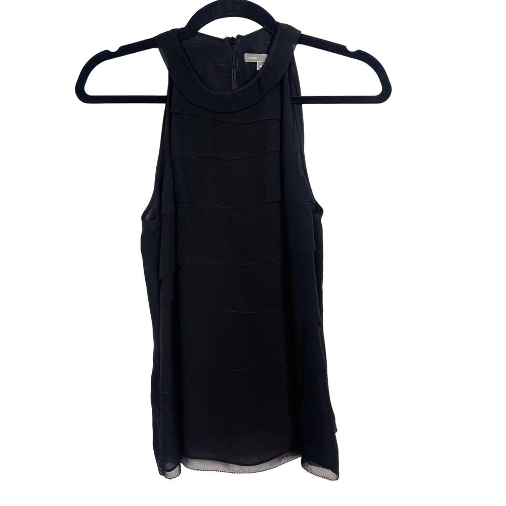 Vince Womens 6 Black Silk Tiered Ruffle Sleeveless Blouse Top High Neck Lined